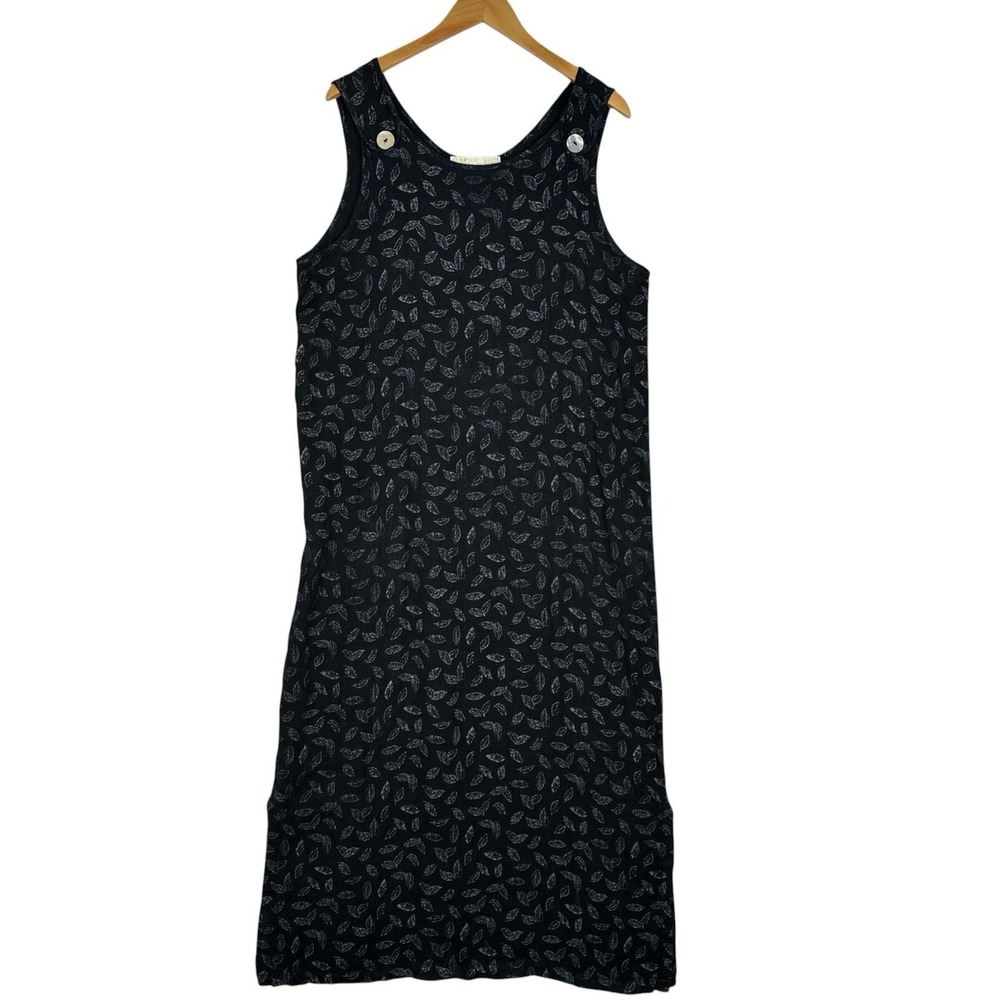 Native Sun 100% Linen Maxi Dress Womens L Black Leaf Print Pockets Lagenlook USA